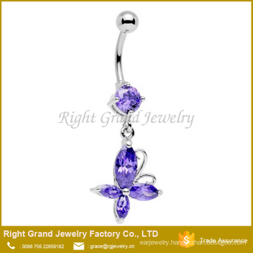 316L Surgical Steel Butterfly Clear Pink Aqua Blue Cubic Zirconia Dangle Belly Ring